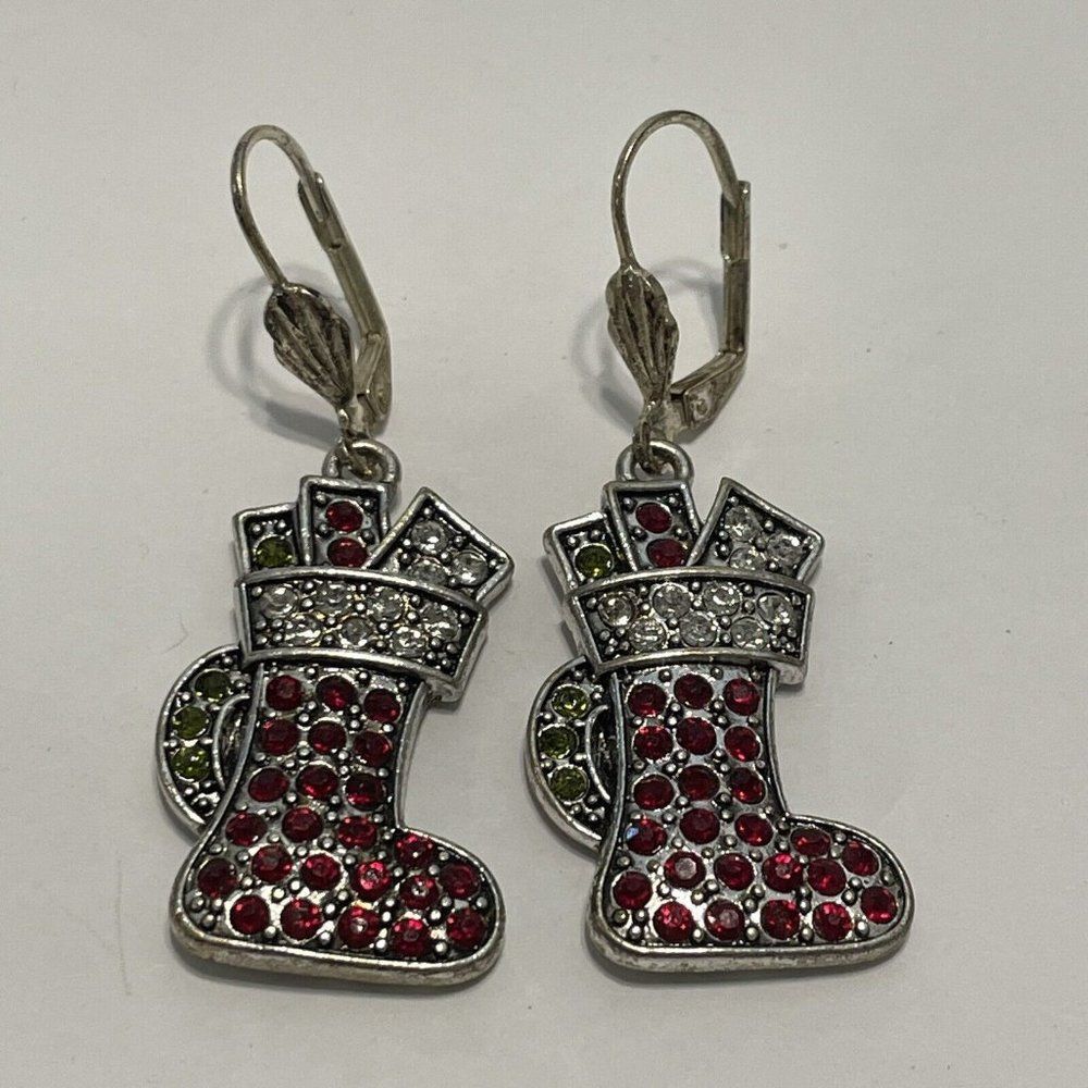 Silver Tone Rhinestone Stocking Pierced Earrings Christmas Presents Red